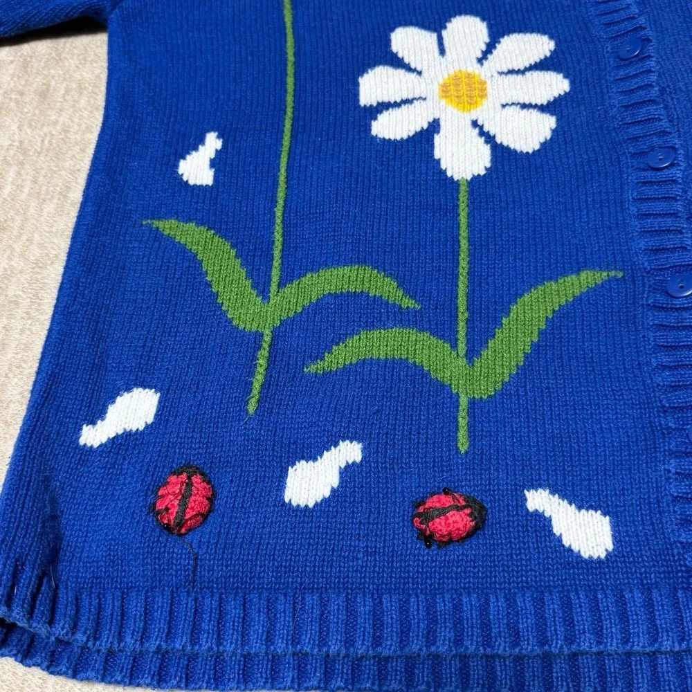 Quacker Factory 1X Blue Daisy Ladybug Ramie Cotton Button Front Cardigan